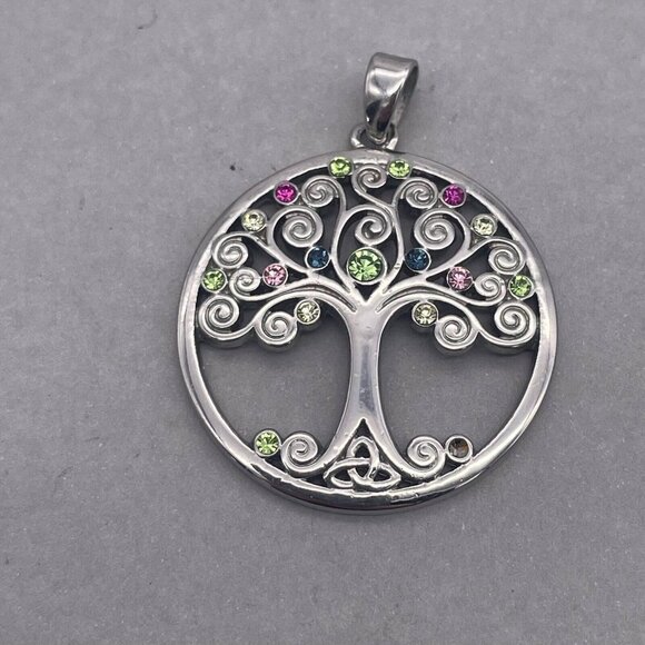 Solvar Tree of Life Round Pendant Silver Tone Multicolor Rhinestone - Picture 3 of 5